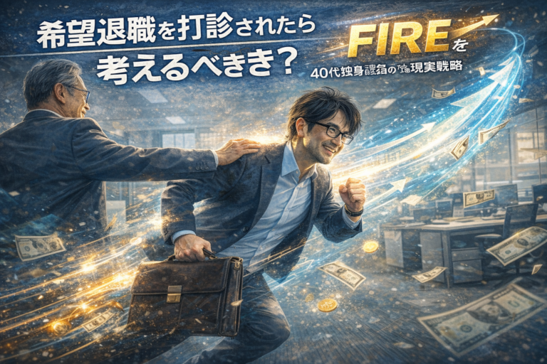 上司に肩を叩かれて希望退職を打診されながらも、落ち込まずその反動を力に変えてFIREへ加速していくメガネおじさんを描いた、実写風・青基調のブログアイキャッチ画像