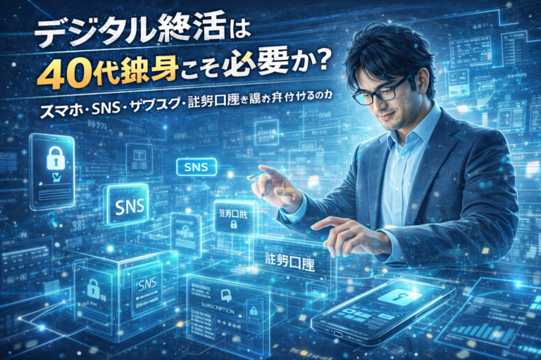 近未来のデジタル空間で、スマホ・SNS・サブスク・証券口座など自分のデジタル情報を整理整頓しながらデジタル終活を進めるメガネおじさんを描いた、実写風・青基調のブログアイキャッチ画像