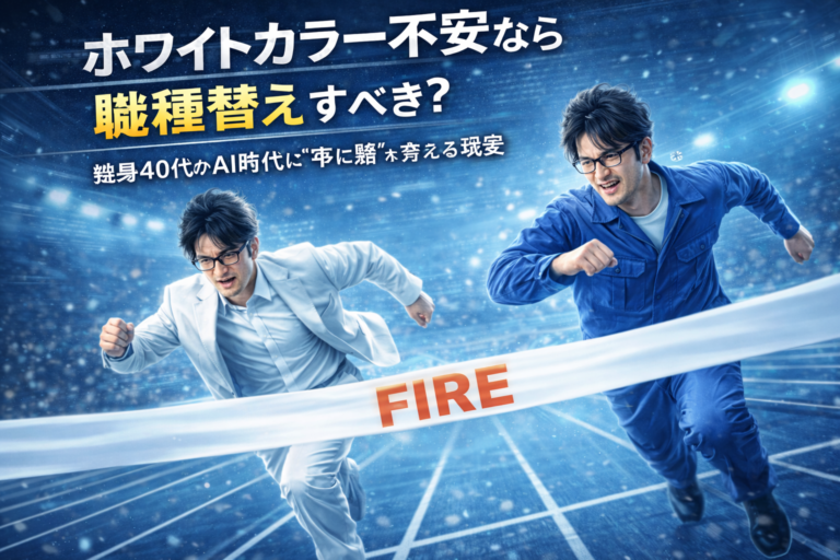 全身ホワイトのメガネおじさんと全身ブルーのメガネおじさんが100メートル走で全力疾走し、FIREと書かれたゴールテープを目指して競争する様子を描いた、実写風・青基調のブログアイキャッチ画像