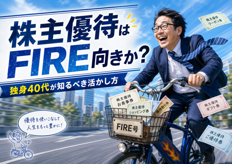 FIRE号と書かれた自転車に乗ったメガネのおじさんが、株主優待券をたくさん積みながら街を楽しそうに走り回る様子を描いた、実写風・青基調のブログアイキャッチ画像