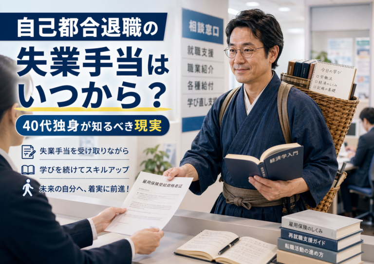 ハローワークの窓口で失業保険の手続きをしながら、二宮金次郎のように本を持って学びも続けるメガネのおじさんを描いた、実写風・青基調のブログアイキャッチ画像
