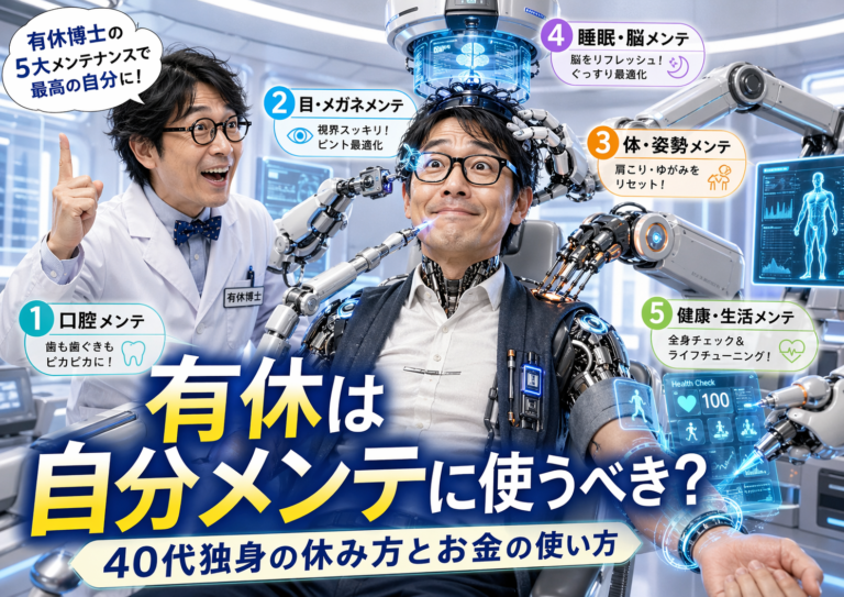有休博士と名札を付けた天才科学者が、未来的な研究室でスーパーサイボーグ化したメガネのおじさんに、口腔・目・体・睡眠・健康生活の5つのメンテナンスを施している、実写風・青基調のブログアイキャッチ画像