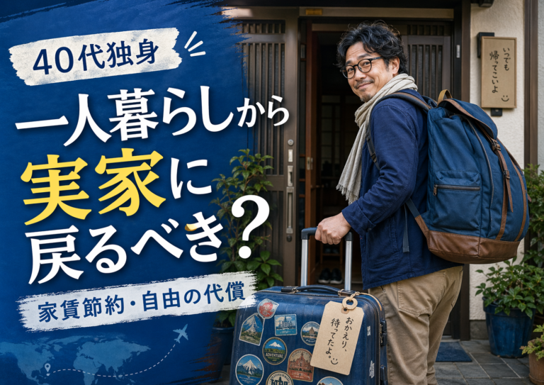 大きなバックパックとスーツケースを持ったノマド風のメガネおじさんが、旅先から実家へ戻ってきた様子を描いた、実写風・青基調のブログアイキャッチ画像