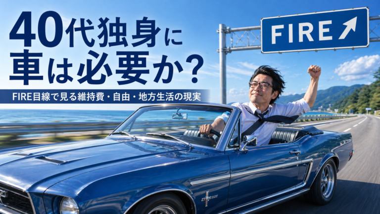 青いクラシックなオープンカーに乗ったメガネのおじさんが、海沿いのハイウェイを「FIRE」の標識に向かって走る様子を描いた、実写風・青基調のブログアイキャッチ画像