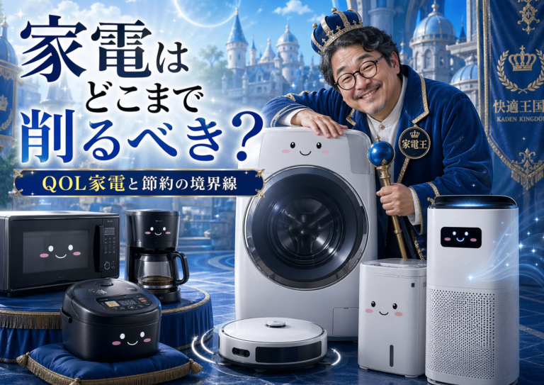 王冠をかぶったメガネのおじさんが、ドラム式洗濯機、ロボット掃除機、炊飯器、電子レンジ、コーヒーメーカー、空気清浄機などのQOL家電に囲まれて楽しそうに触れ合っている、実写風・青基調のブログアイキャッチ画像