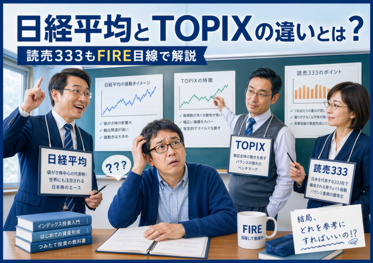 日経平均、TOPIX、読売333を擬人化した3人の先生に囲まれ、違いを教わりながら混乱した表情を見せるメガネのおじさんを描いた、実写風・青基調のブログアイキャッチ画像