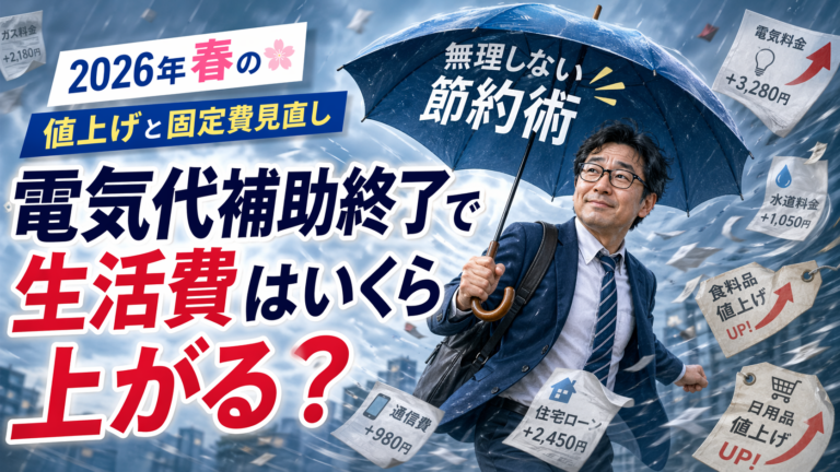 2026年春の電気代補助終了や食料品・日用品の値上げを表す紙吹雪のような請求書が舞う中、青い傘に「無理しない節約術」と書かれた傘で軽やかに切り抜けるメガネのおじさんを描いた、実写風・青基調のブログアイキャッチ画像