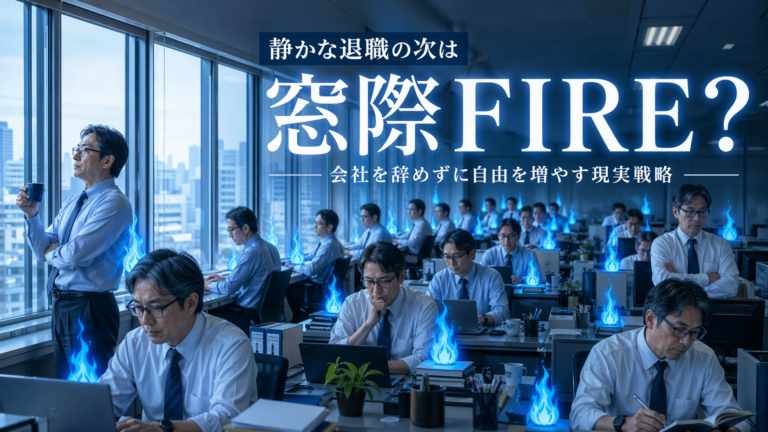 オフィスの窓際で、青い炎を静かに燃やしながら粛々と仕事を続ける複数のメガネおじさんたちを描いた、実写風・青基調のブログアイキャッチ画像