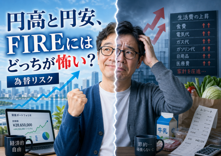 円高と円安で明暗が分かれるメガネおじさんを描いたアイキャッチ画像。円安で金融資産が増えて喜ぶ一方、生活費上昇に苦しむ姿を通じて、FIREにおける為替リスクを表現している。