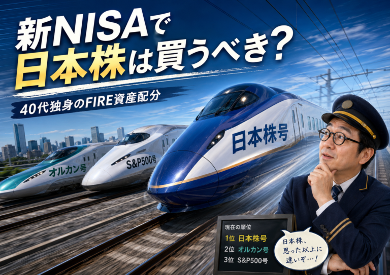 新NISAで日本株を買うべきかをテーマに、日本株号の新幹線がオルカン号とS&P500号を追い抜き、それを車掌姿のメガネおじさんが見つめている実写風アイキャッチ画像。40代独身のFIRE資産配分をイメージした構図。