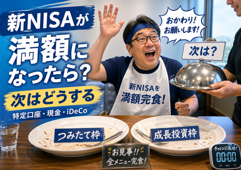 新NISAのつみたて投資枠と成長投資枠を食べ尽くした大食いファイター風のメガネおじさんが、次の投資先をおかわりする様子を描いたアイキャッチ。新NISAが満額になった後に、特定口座・現金・iDeCoをどう使い分けるかを考える記事テーマを表現している。