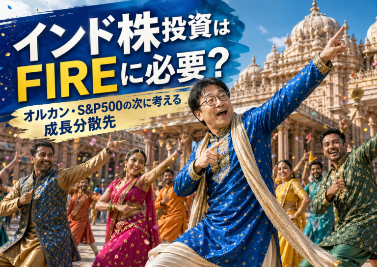 インドの寺院の前で、インド映画のような華やかな踊りをインド人ダンサーたちと一緒に楽しむメガネおじさん。インド株投資はFIREに必要かをテーマに、オルカン・S&P500の次に考える成長分散先としてのインド投資を表現したアイキャッチ画像