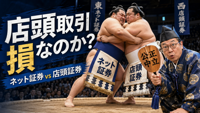 ネット証券と店頭証券が土俵で相撲のように対決し、行司姿のメガネおじさんが勝負を見極めているアイキャッチ画像。証券会社の店頭取引は損なのか、ネット証券との違いをFIRE目線で比較する記事を表現している。