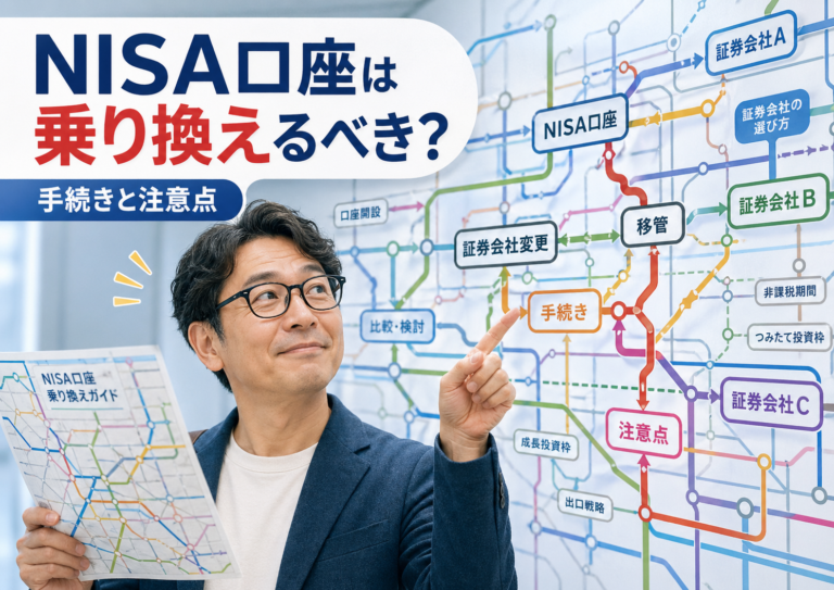 複雑な地下鉄の路線図のようなNISA口座の乗り換え案内を見ながら、証券会社の変更手続きをスムーズに進めるメガネおじさんを描いたアイキャッチ画像。NISA口座の乗り換え手続きと注意点を表現。