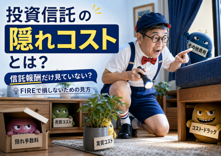 わんぱく坊主の子供服を着たメガネおじさんが、かくれんぼの鬼のように部屋の中で投資信託の隠れコストを次々と見つけていく様子を描いたアイキャッチ。信託報酬だけでなく、実質コストやその他費用まで含めて、FIRE視点で投資信託の見方を考える記事用画像。