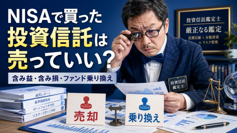NISAで買った投資信託を売るべきか、乗り換えるべきかを審美眼で見極める投資信託鑑定士のメガネおじさん。含み益・含み損・ファンド乗り換えをFIRE目線で判断する記事のアイキャッチ画像。