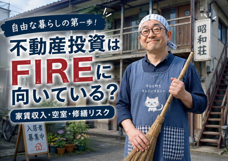 古いアパートの前で、手ぬぐいとかっぽう着姿のメガネおじさんが竹ぼうきを持って立つ様子を描いたアイキャッチ画像。不動産投資はFIREに向いているのかを、家賃収入・空室・修繕リスクの視点から考える記事用ビジュアル。