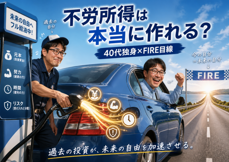 過去の元本・労力・時間・リスクが将来の収入へ変わり、FIREのゴールに向かって進むメガネおじさんを描いたアイキャッチ。不労所得とFIREの関係を表現した実写風ビジュアル。