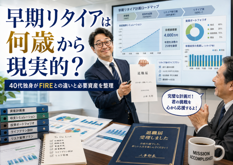 早期リタイアに向けた準備を整え、上司にプレゼン資料で計画を説明し、辞表が受理されるメガネおじさんを描いた実写風のアイキャッチ。40代独身の早期リタイア準備とFIRE戦略を表現したビジュアル。