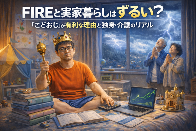 実家の子供部屋で資産管理をしながら悩むメガネおじさんと、外の嵐と祈る両親の対比を描いたFIREと実家暮らしのイメージ