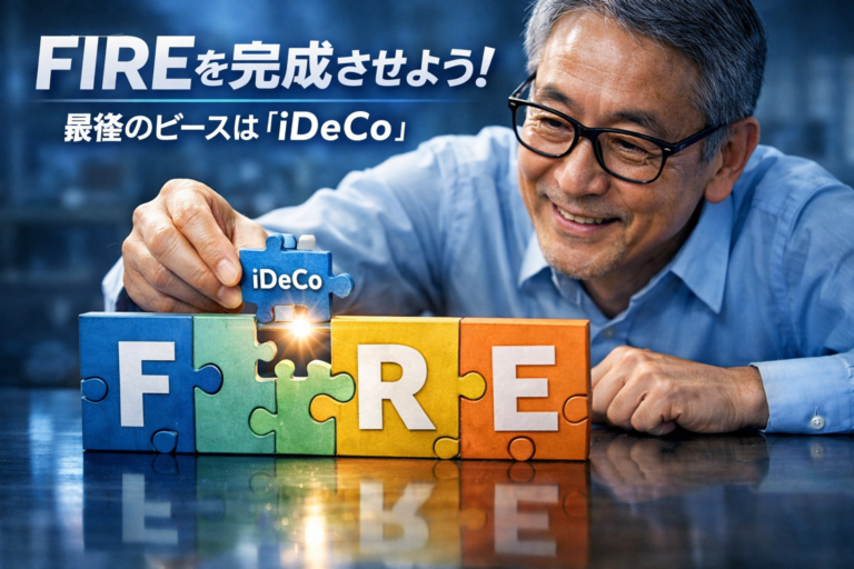 FIREというジグソーパズルを完成させようとするメガネおじさんが、iDeCoと書かれた最後のピースをはめ込む瞬間を描いた、実写風で青基調のアイキャッチ画像