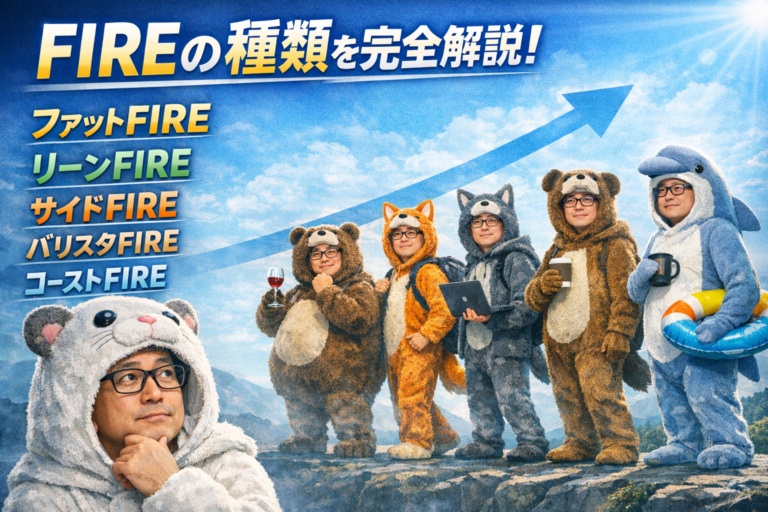 着ぐるみの小動物キャラクターのメガネおじさんが、ファットFIRE・リーンFIRE・サイドFIRE・バリスタFIRE・コーストFIREそれぞれの姿に分岐していく未来を描いたイメージ