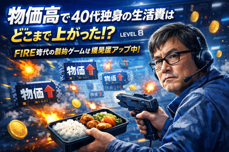 物価上昇をシューティングゲームに見立て、自炊弁当を武器に戦うメガネの40代独身男性。物価高で生活費とFIRE難易度が上がる様子を表現したアイキャッチ