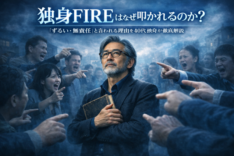 独身FIREの考えを貫く哲学者風のメガネおじさんが、民衆から「ずるい」「無責任」と非難される中でも信念を持って立つ様子