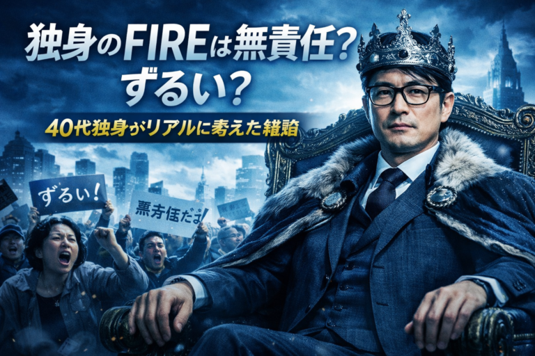 独身FIREはずるいのか？無責任なのか？と批判を浴びながらも自らの責任で資産を築き上げた王として座る40代メガネおじさんのイメージ