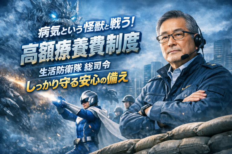 病気という怪獣と戦うヒーローと生活防衛隊の総司令であるメガネおじさんが、高額療養費制度で医療費リスクに備えるイメージ
