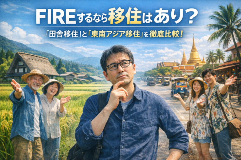 FIREを目指す独身男性が、日本の田舎と東南アジアの移住先の間で悩んでいる様子を表現したイメージ。田舎と海外の生活コストや暮らしの違いを比較する構図。