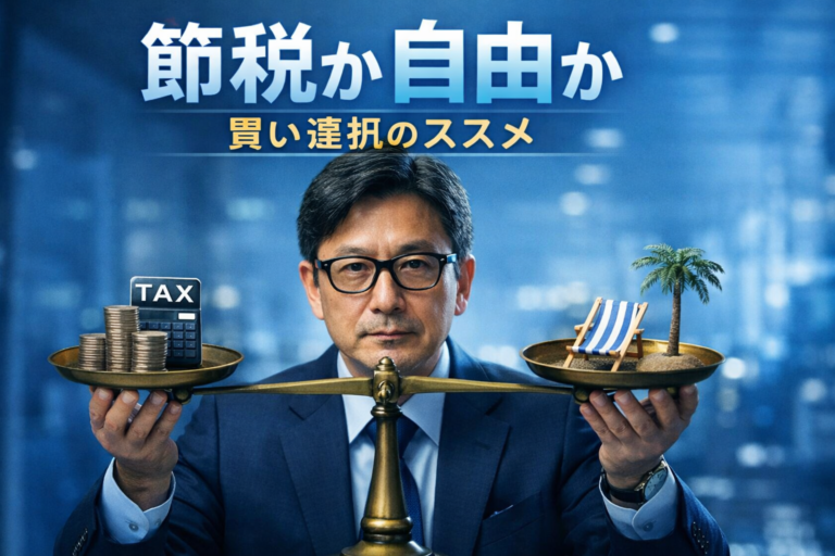 節税と自由を天秤にかけながら、FIREを目指す40代のメガネおじさんが最適なバランスを考えている様子