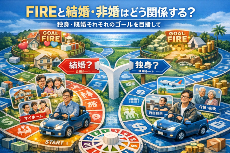 人生ゲーム風のボード上で、結婚ルートと独身ルートに分かれてFIREを目指す2人のメガネおじさんを描いた実写風アイキャッチ