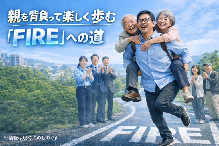 両親を背負いながらFIREの道を笑顔で進むメガネおじさんと、それを支える地域の人々のイメージ