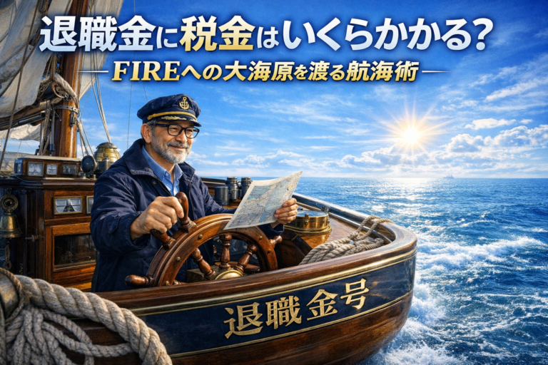 退職金号という船で大海原を航海するメガネおじさんの船長が、制度設計の航海図を見ながらFIREを目指して進む様子を表現した実写風アイキャッチ