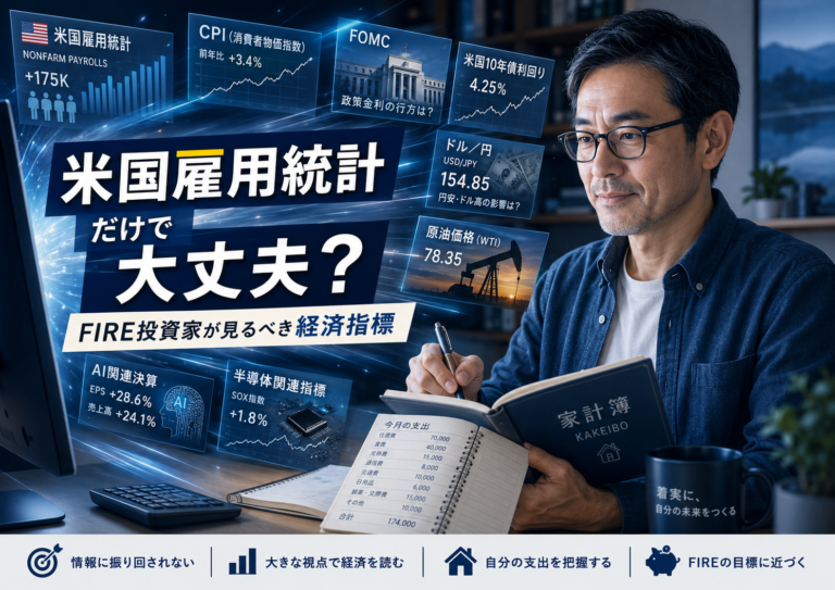 PC画面から米国雇用統計、CPI、FOMC、米10年債利回り、ドル円、原油価格、AI関連決算、半導体関連指標などの経済指標が次々と飛び込んでくる中、青基調の部屋で落ち着いて家計簿をつけるメガネおじさんの実写風アイキャッチ。相場情報に振り回されず、自分の生活費を把握する大切さを表現している。