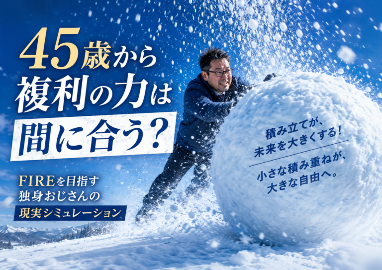 青基調の雪原で、メガネおじさんが超巨大な雪だるまをものすごい勢いで転がしながら作っている実写風アイキャッチ。空からは「入金力」を思わせる大量の雪が降り注ぎ、45歳からでも積み立てと複利の力で資産を大きく育てていくイメージを表現している。