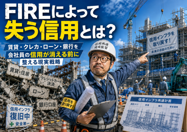 崩れた信用インフラの工事現場で、ヘルメット姿のメガネおじさんが現場監督として再建工事を指揮している実写風の青基調アイキャッチ。賃貸、クレジットカード、ローン、銀行など、FIREで失いやすい会社員の信用を、退職前に整える必要性を表現している。