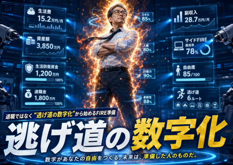 青基調の近未来空間で、FIREオーラを全開にしたスーパーメガネおじさんがスキャンされ、生活費、資産額、生活防衛資金、退職金、副収入、サイドFIRE達成率、自由度、逃げ道ルート数などの能力値がホログラム表示されている実写風アイキャッチ。もう働きたくない40代独身が、退職ではなく逃げ道を数字で可視化してFIRE準備を進めるイメージを表現している。
