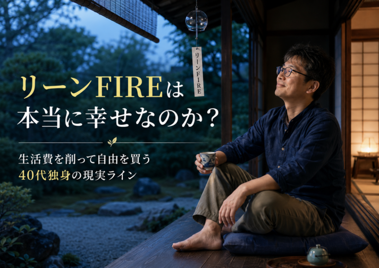 青基調の夕暮れの縁側で、メガネおじさんが「リーンFIRE」と書かれた風鈴を見つめながらお茶を飲み、質素倹約の暮らしを穏やかに楽しんでいる実写風アイキャッチ。生活費を削りながらも、自由と心の余白を大切にする40代独身のリーンFIRE生活を表現している。