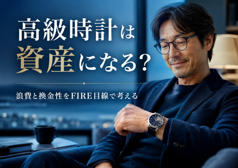 青基調の落ち着いた室内で、高級時計を身につけたメガネおじさんが腕時計を眺めながら穏やかに癒されている実写風アイキャッチ。高級時計が資産になるのか、ロレックスへの憧れ、浪費、換金性を40代独身のFIRE目線で考える記事を表現している。