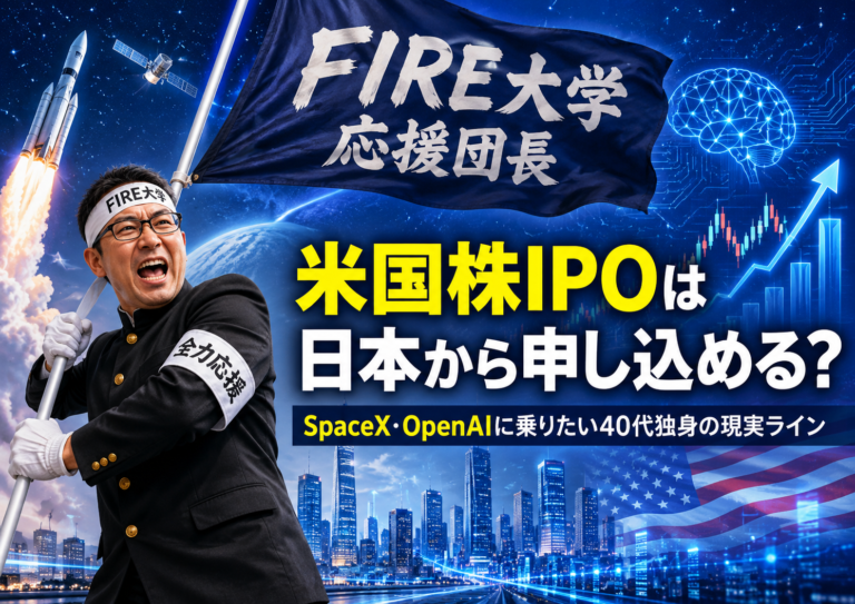 宇宙ロケットやAIを象徴する近未来的な背景の前で、学ラン姿のメガネおじさんが「FIRE大学 応援団長」として大きな旗を振り、SpaceXやOpenAIなど米国株IPOを応援している実写風アイキャッチ。米国IPOは日本から申し込めるのか、FIRE目線で現実的な参加方法と注意点を考える記事を表現している。