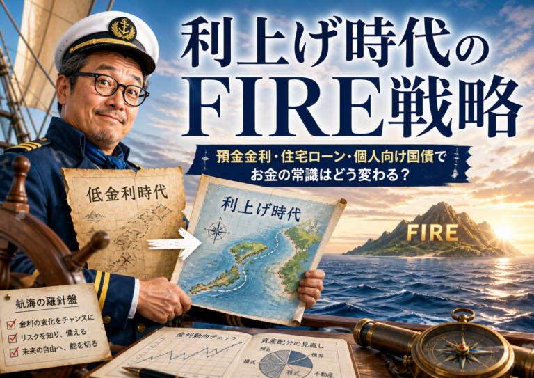 青基調の海の上で、船長姿のメガネおじさんが「低金利時代」の古い地図から「利上げ時代」の新しい地図へ持ち替え、FIREという新大陸を目指して航海に出る実写風アイキャッチ。預金金利、住宅ローン、個人向け国債などを通じて、利上げ時代にお金の常識がどう変わるかを考える記事を表現している。
