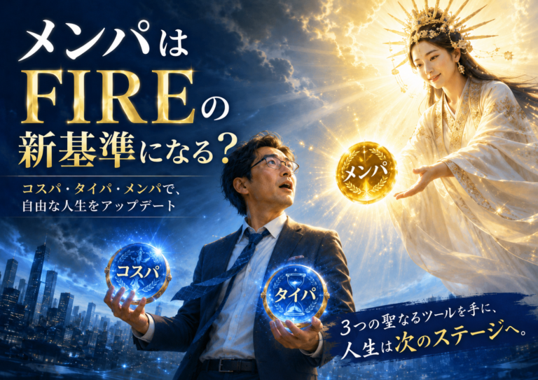 青基調の幻想的な都市背景の中で、メガネおじさんが「コスパ」と「タイパ」の光る神器を手にし、天照大神を思わせる光の女神から最後の神器「メンパ」を授かっている実写風アイキャッチ。コスパ・タイパに加えて心の消耗を減らすメンパを重視し、FIREを新しい基準で考える記事を表現している。