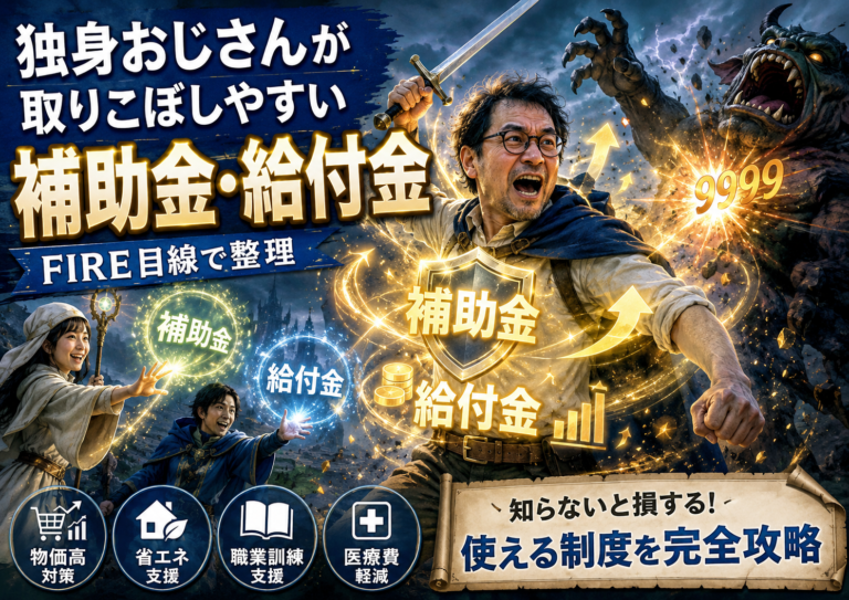 RPGゲームの主人公のようなメガネおじさんが、仲間から「補助金・給付金」の支援魔法を受けながら敵と戦う様子を描いた実写風のアイキャッチ画像。物価高対策、省エネ支援、職業訓練支援、医療費軽減といった制度を活用するイメージ。