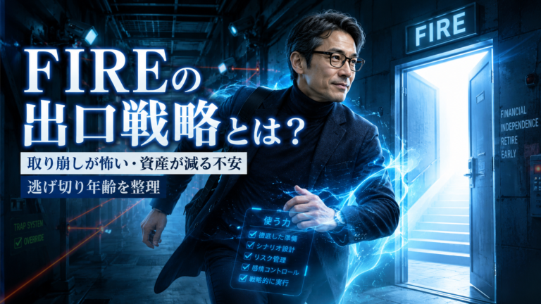 FIREの出口へ向かって走るエリート機密諜報員風のメガネおじさんが、青く光る特殊能力「使う力」を駆使しながら脱出する様子を描いた実写風アイキャッチ画像。FIREの出口戦略、取り崩しが怖い不安、資産が減る不安、逃げ切り年齢を考えるイメージ。
