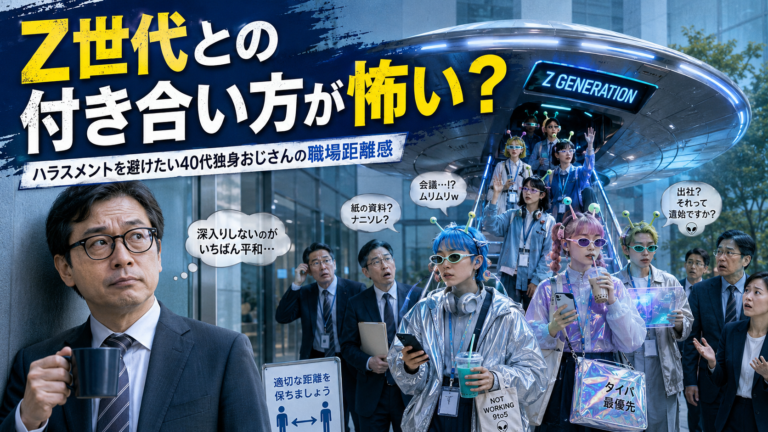 UFOに乗って職場へ現れたZ世代の会社員たちを前に、中年社員たちが困惑する中、メガネのおじさんが適切な距離を保ちながら静かに様子を見ている実写風アイキャッチ画像。Z世代との付き合い方、ハラスメント回避、職場で消耗しない距離感を表現している。
