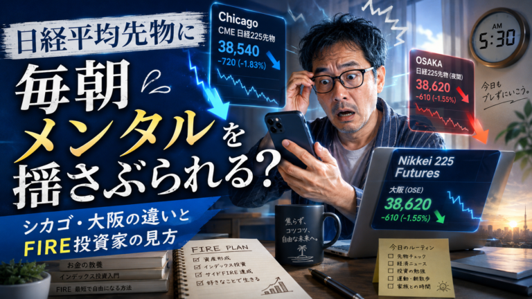 早朝の部屋でスマホとノートPCに表示されたシカゴCME日経225先物と大阪日経225先物の値動きを見て、メンタルを揺さぶられるメガネおじさんを描いた実写風アイキャッチ画像。日経平均先物、シカゴ・大阪の違い、FIRE投資家の見方を表現している。