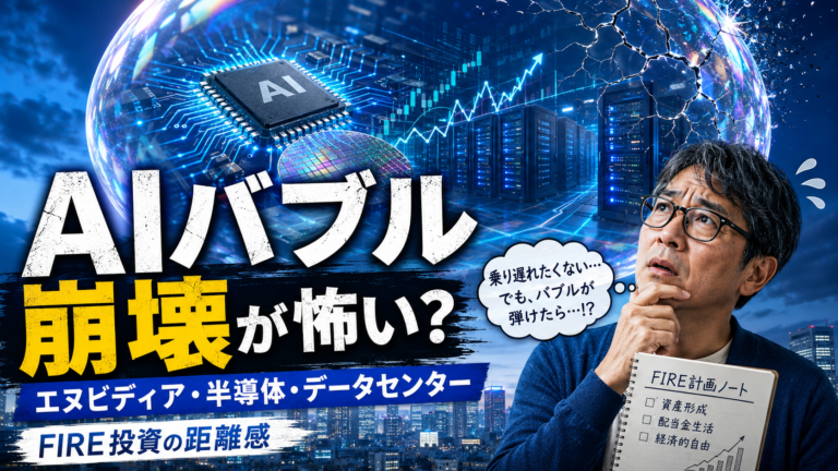 AIチップ、半導体、データセンター、株価チャートが巨大な“AIバブル”として広がる中、FIRE計画ノートを持ったメガネおじさんが「乗り遅れたくない…でも、バブルが弾けたら…!?」と不安そうに考え込む実写風アイキャッチ画像。AIバブル崩壊、エヌビディア、半導体、データセンターに対するFIRE投資の距離感を表現している。