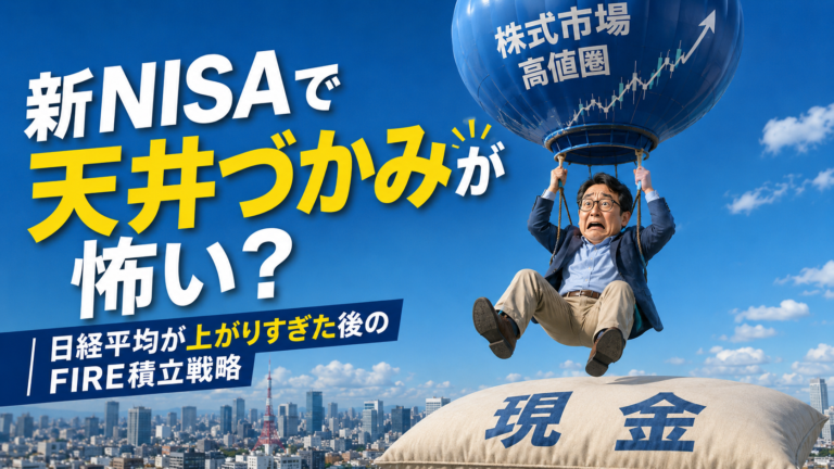 新NISAで天井づかみする不安を抱えたメガネおじさんが、株式市場の高値圏を表す大きな青い風船に吊り上げられ、下にある「現金」と書かれたクッションに守られている実写風アイキャッチ画像。日経平均が上がりすぎた後でも、現金余力を残しながらFIRE積立を続ける戦略を表現している。